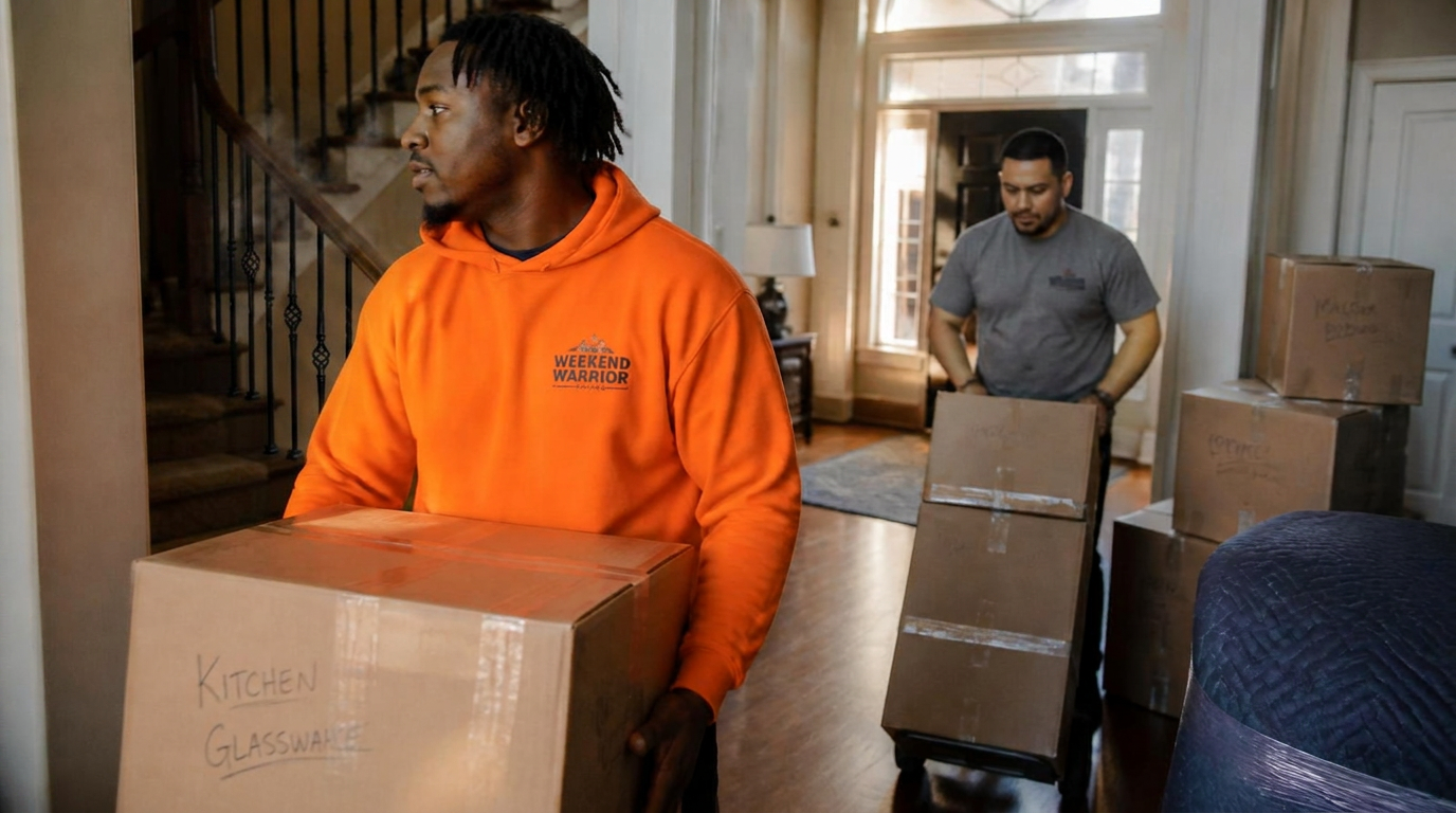 Weekend Warrior Moving crew loading a truck in front of a Kansas City suburban home