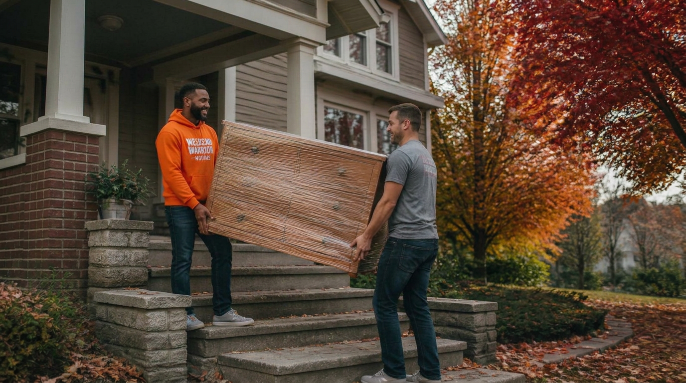 Weekend Warrior Moving crew carrying a dresser off a Kansas City porch surrounded by fall color.