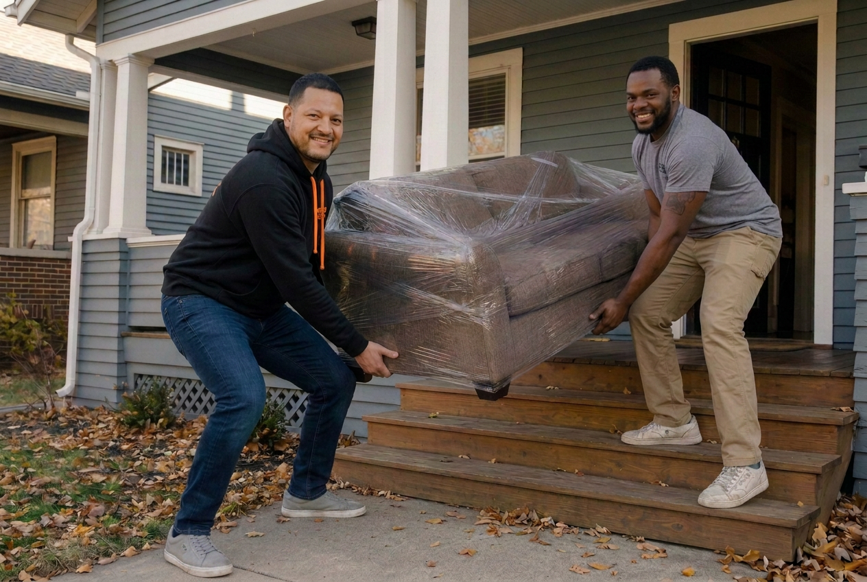 Weekend Warrior Moving crew carrying a wrapped sofa off a Kansas City craftsman porch.