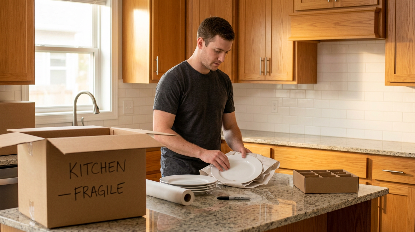A Weekend Warrior Moving crew member packing dinner plates in a Kansas City kitchen.