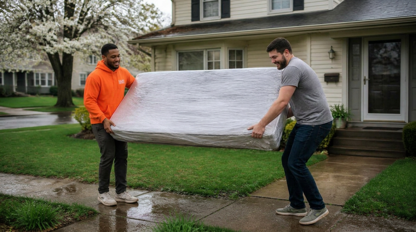 Weekend Warrior Moving crew loading a wrapped mattress into a truck on a KC spring morning.