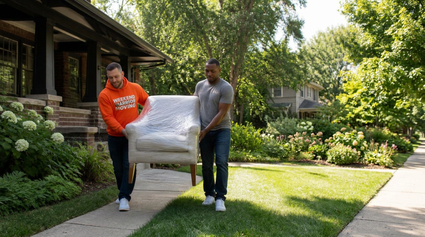 Weekend Warrior Moving crew carrying a wrapped chair down a Kansas City walkway on a summer morning.