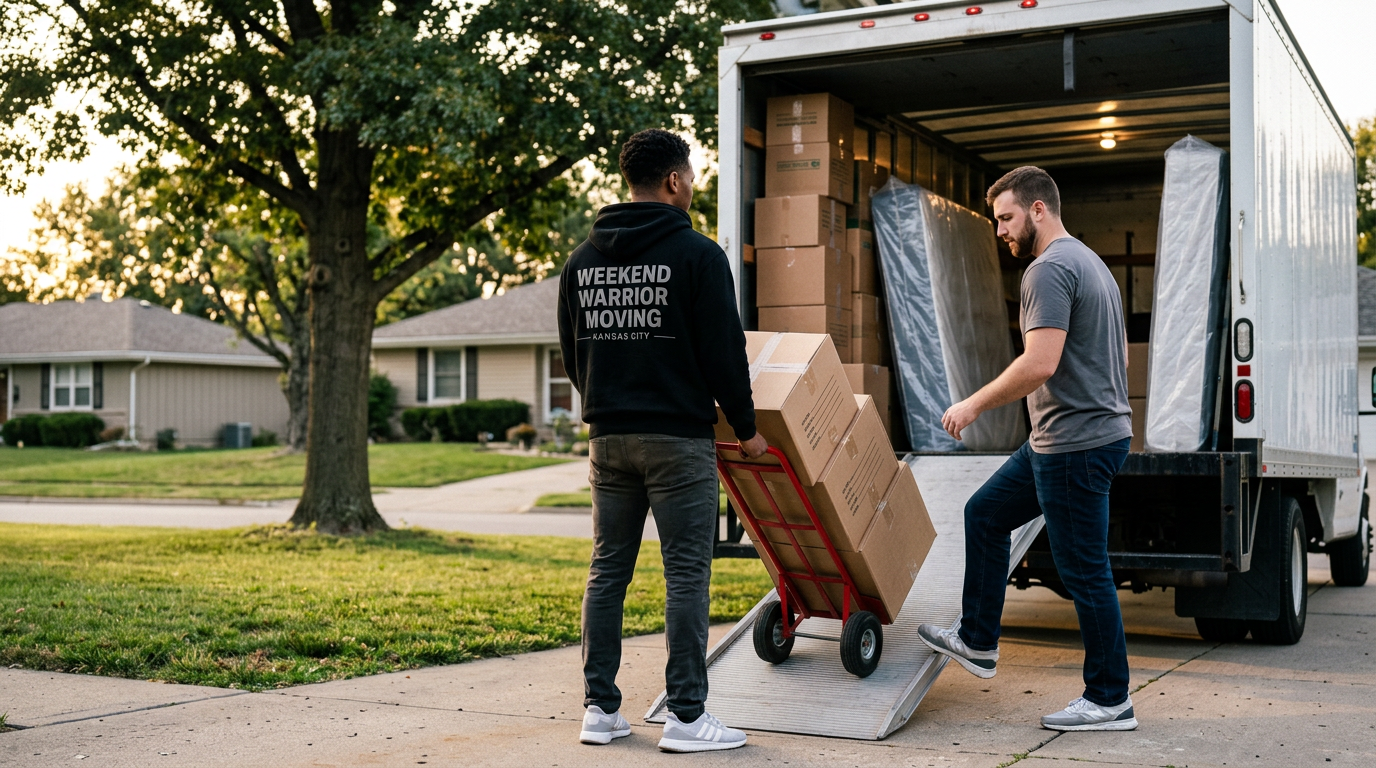 Weekend Warrior Moving crew finishing loading a truck at a 3-bedroom Kansas City home.