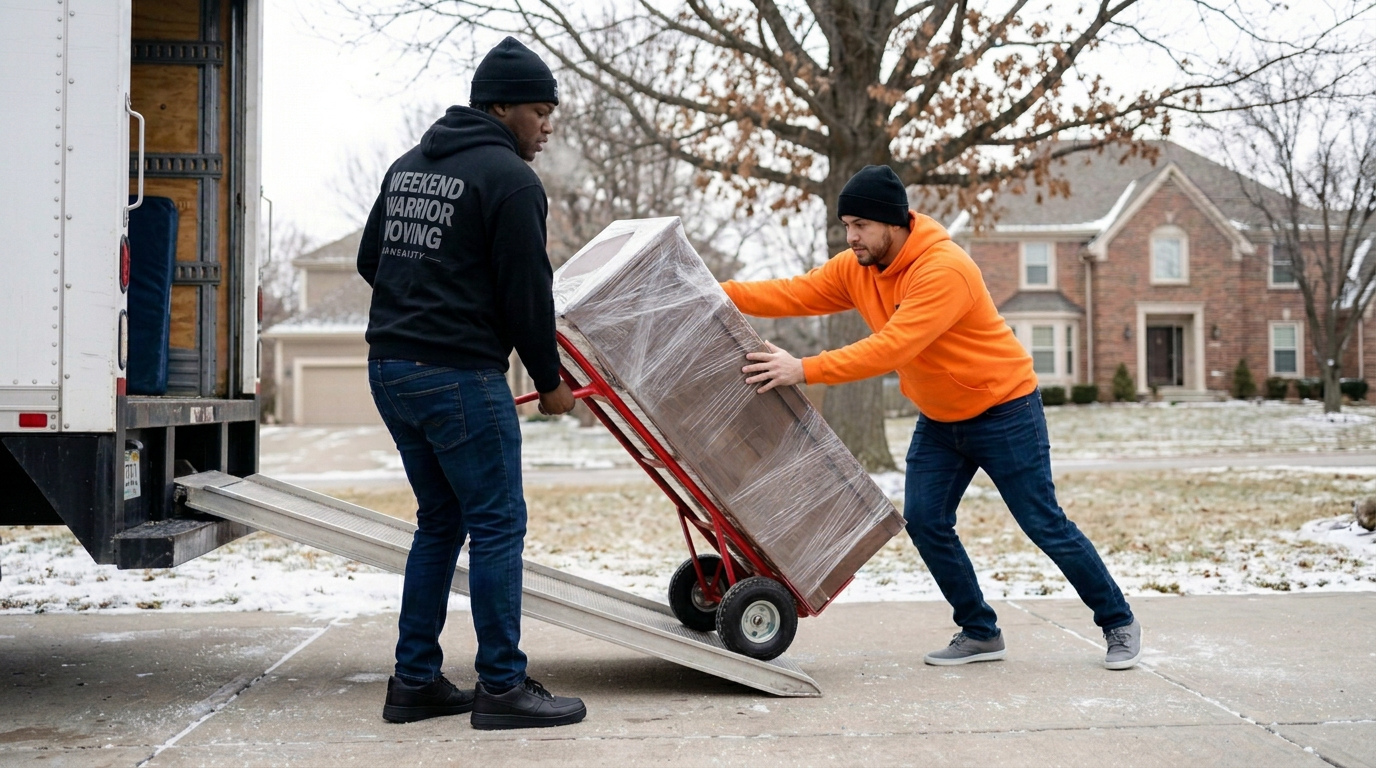 Weekend Warrior Moving crew loading a truck on a snow-dusted Kansas City driveway.